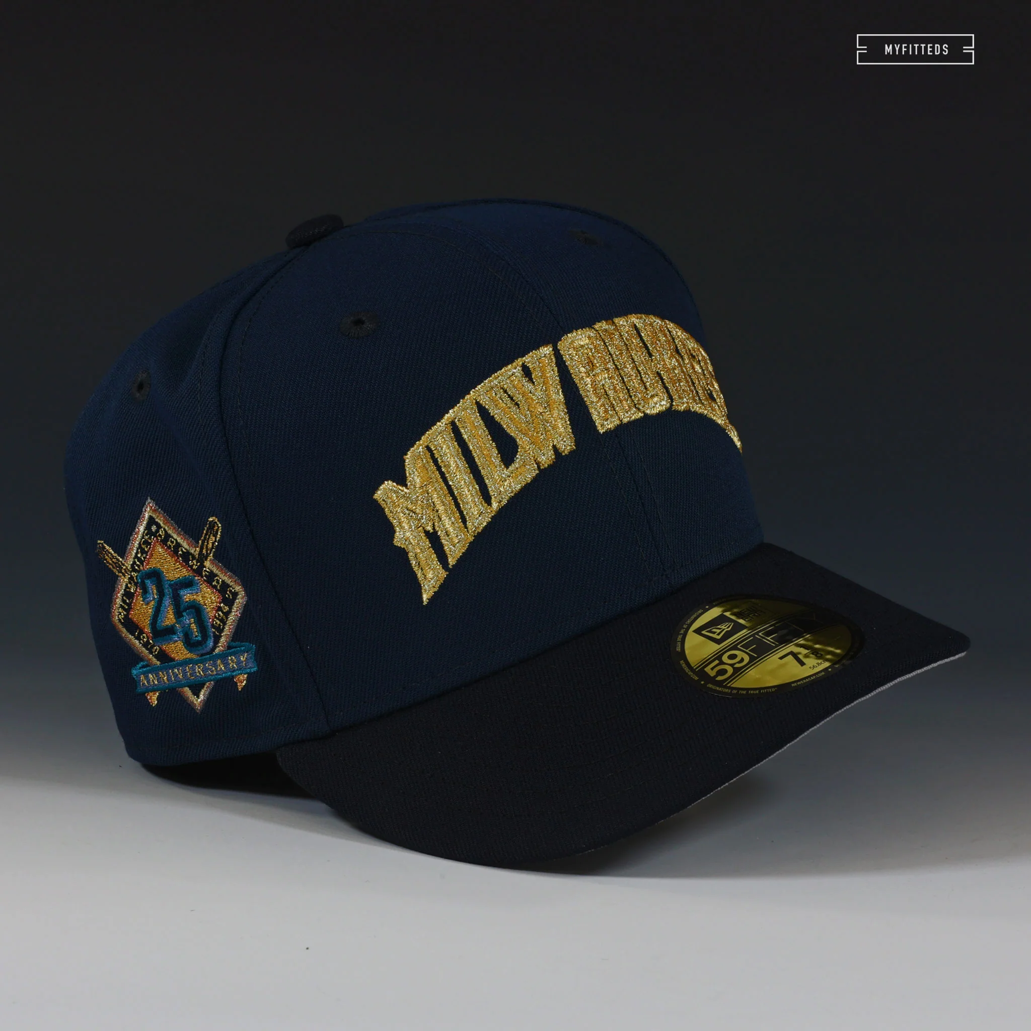MILWAUKEE BREWERS 25TH ANNIVERSARY NAVY AND GOLD NEW ERA FITTED CAP - Image 3